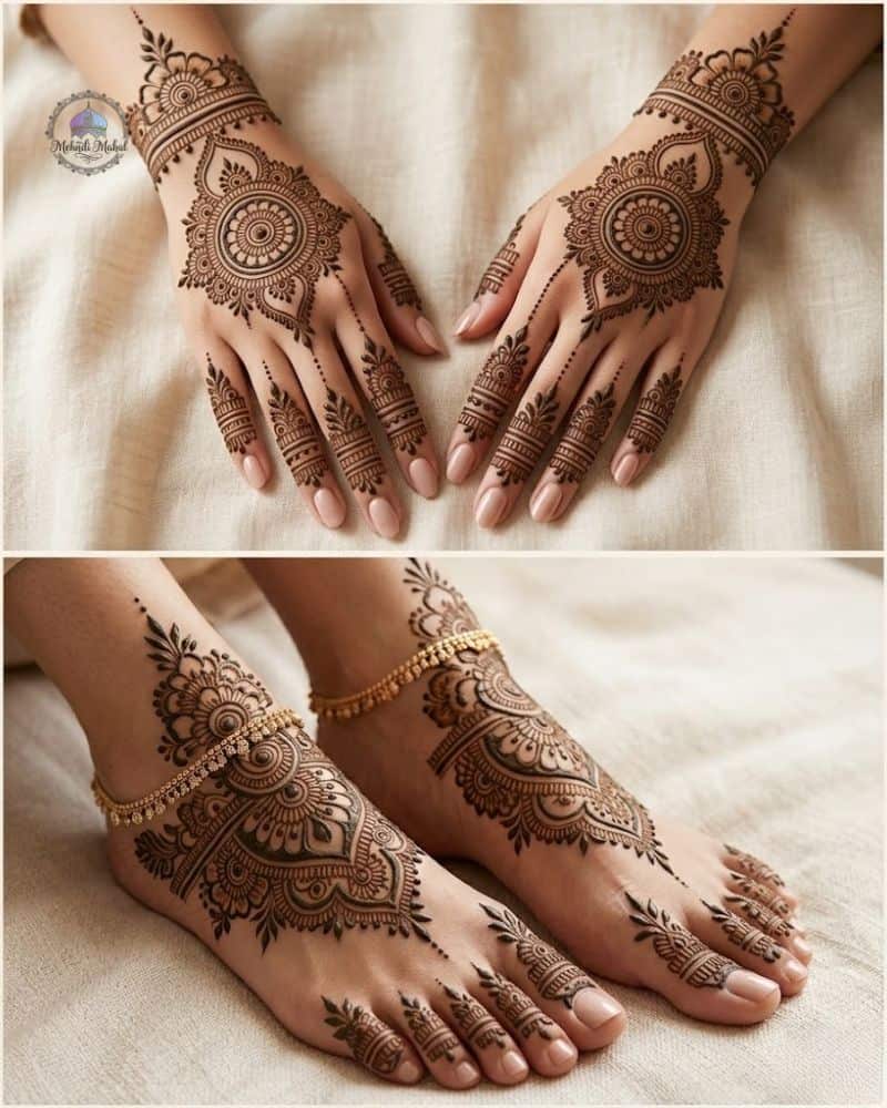 Beautiful intricate mehndi patterns on hands and feet for special occasions.